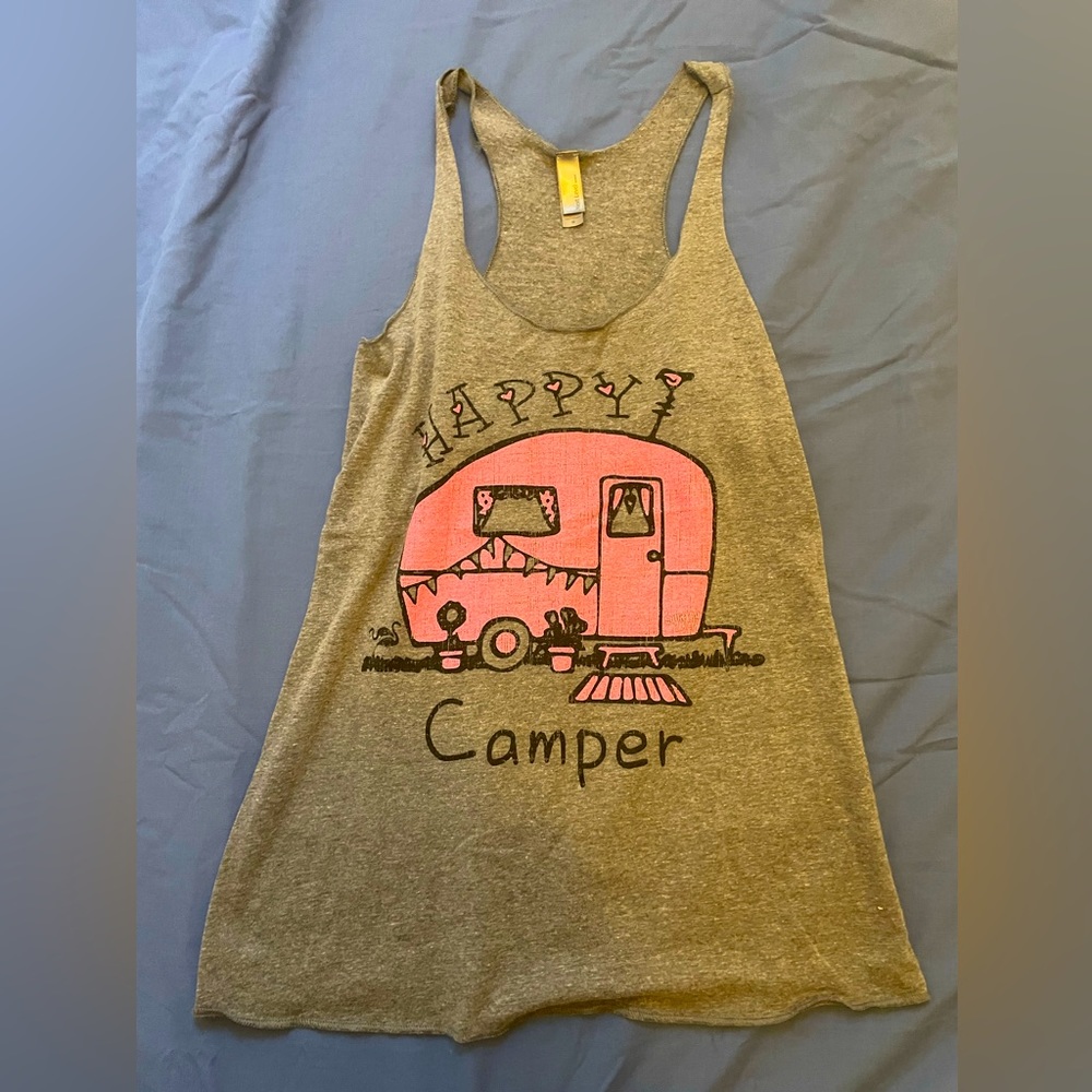 Medium gray and pink tank top, “happy camper”